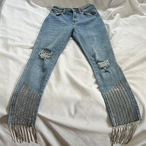 Distressed Blue Jeans with Fringe Detail